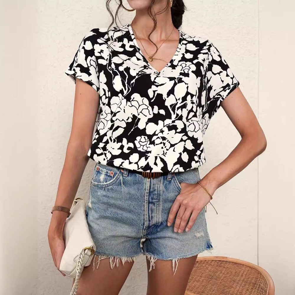 Elegant Black and White Floral Women's Top